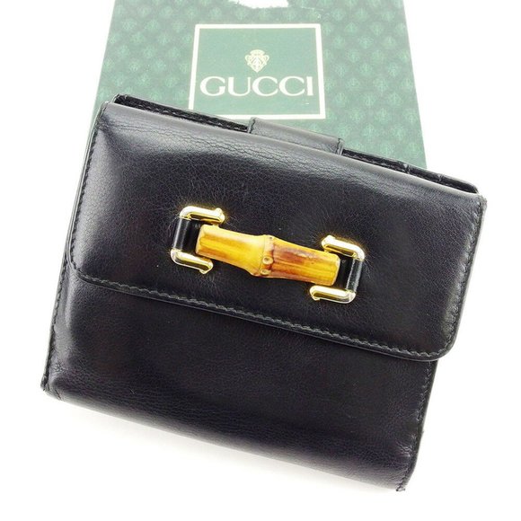 Gucci Wallet Purse Bamboo Black Gold Woman unisex Authentic Used T3274 - Picture 1 of 6